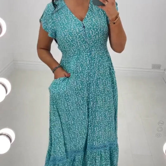 Women's Blue Leopard Print Short Sleeve V-Neck Dress